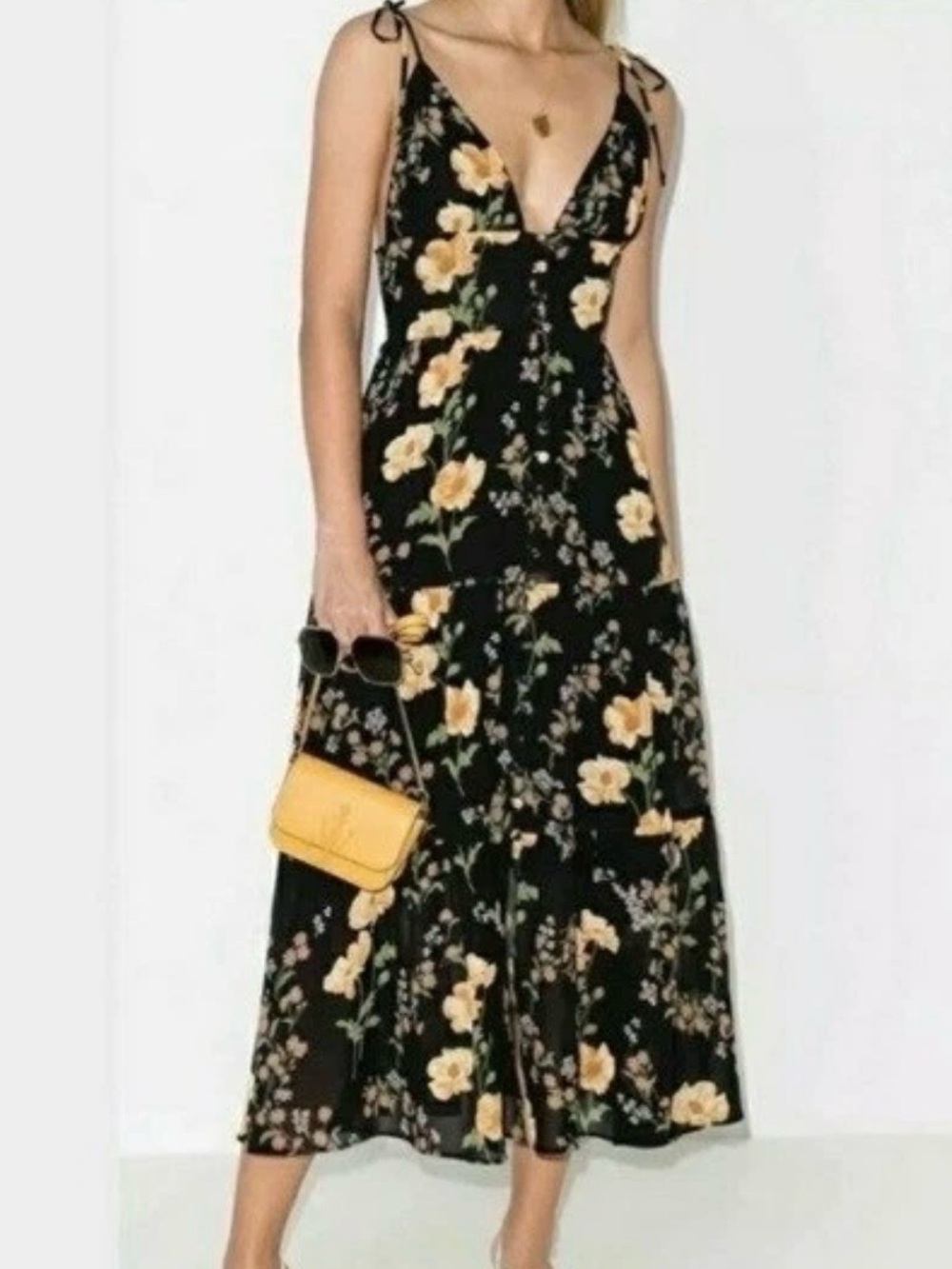 Reformation Jaden Floral Midi Dress Womens Black Yellow Smocked Tie Strap size 0